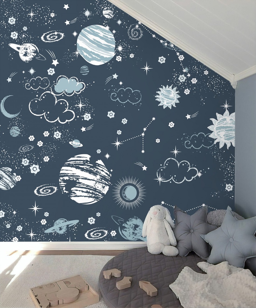 Papel Tapiz Espacio con Cielo Estrellado y Planetas Azules