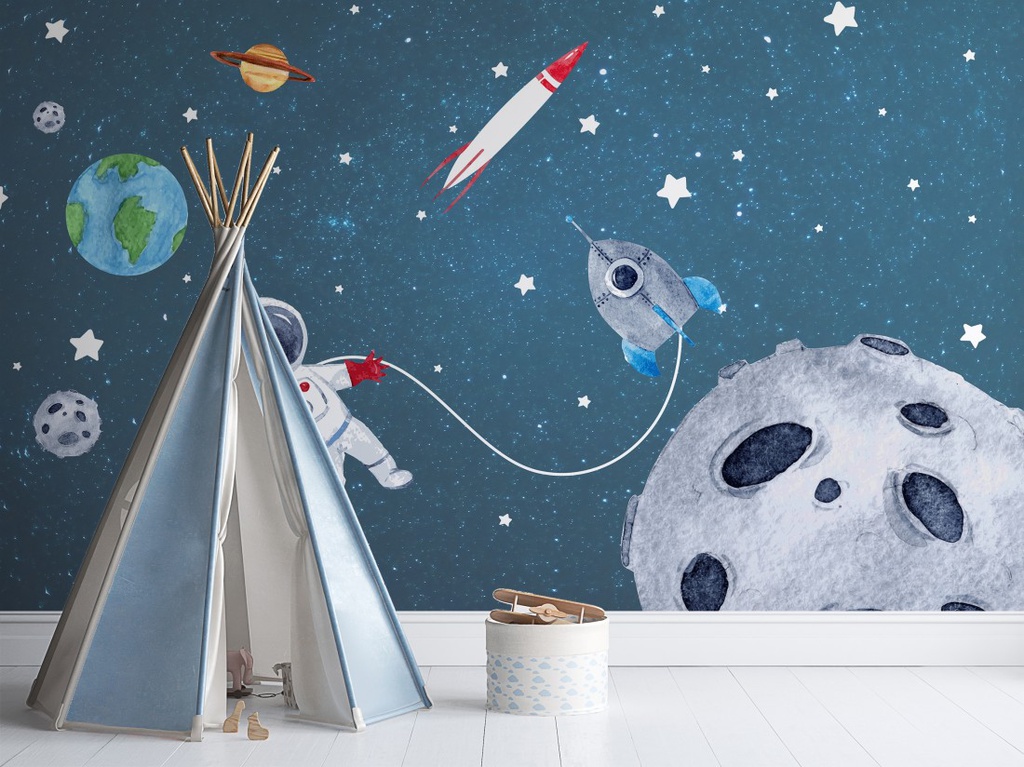 Papel Tapiz Espacio en Acuarela con Astronauta y Meteorito