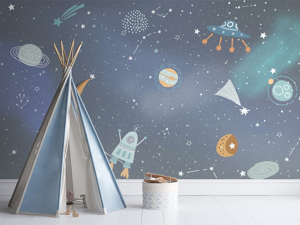 Papel Tapiz Espacio Cartoon con Planetas coloridos y Estrellas