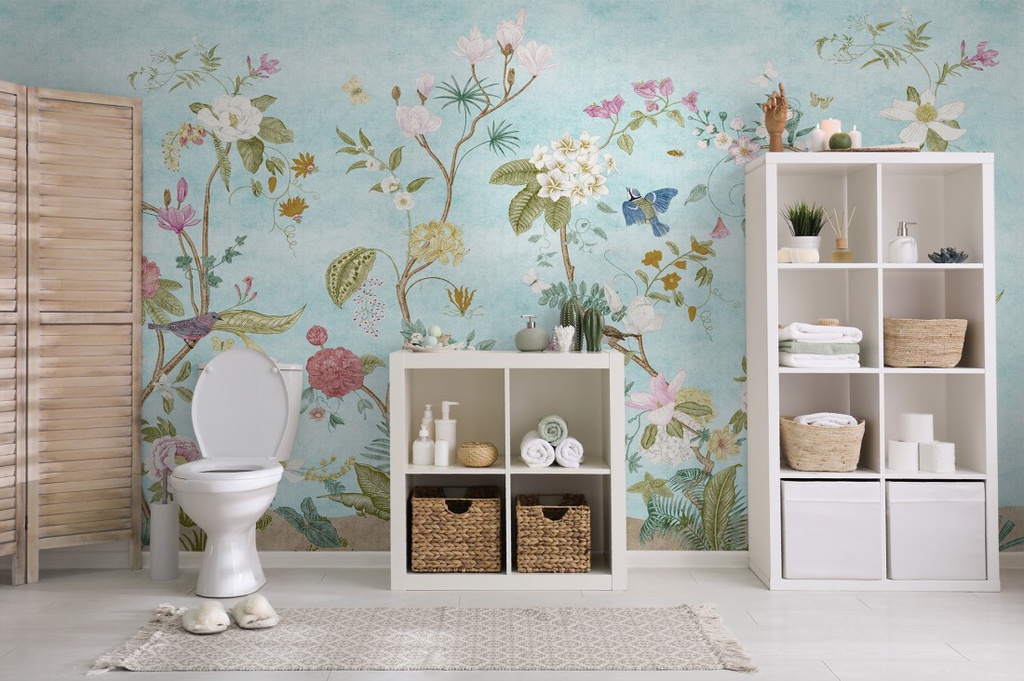 Papel Tapiz  - Chinoiserie Floral Colorida - Celeste (M2)